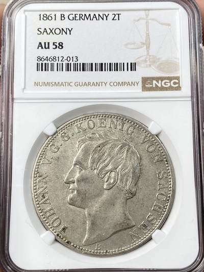 万国钱币拍卖第064期 - NGC AU58 1861年德国萨克森双狮纹章流通2泰勒 仅单年发行的流通2t品种 好品异常稀少 原味淡彩转光依旧状态极赞