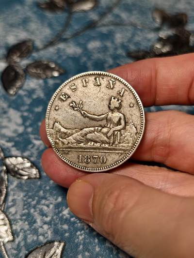 抚柳草堂-第二十二期章牌钱币  奖章勋章 满百包邮 放漏专场 - 1870西班牙5比塞塔拿花双柱大银币 重25g 临时政府仅铸1年  包浆舒服状态很好