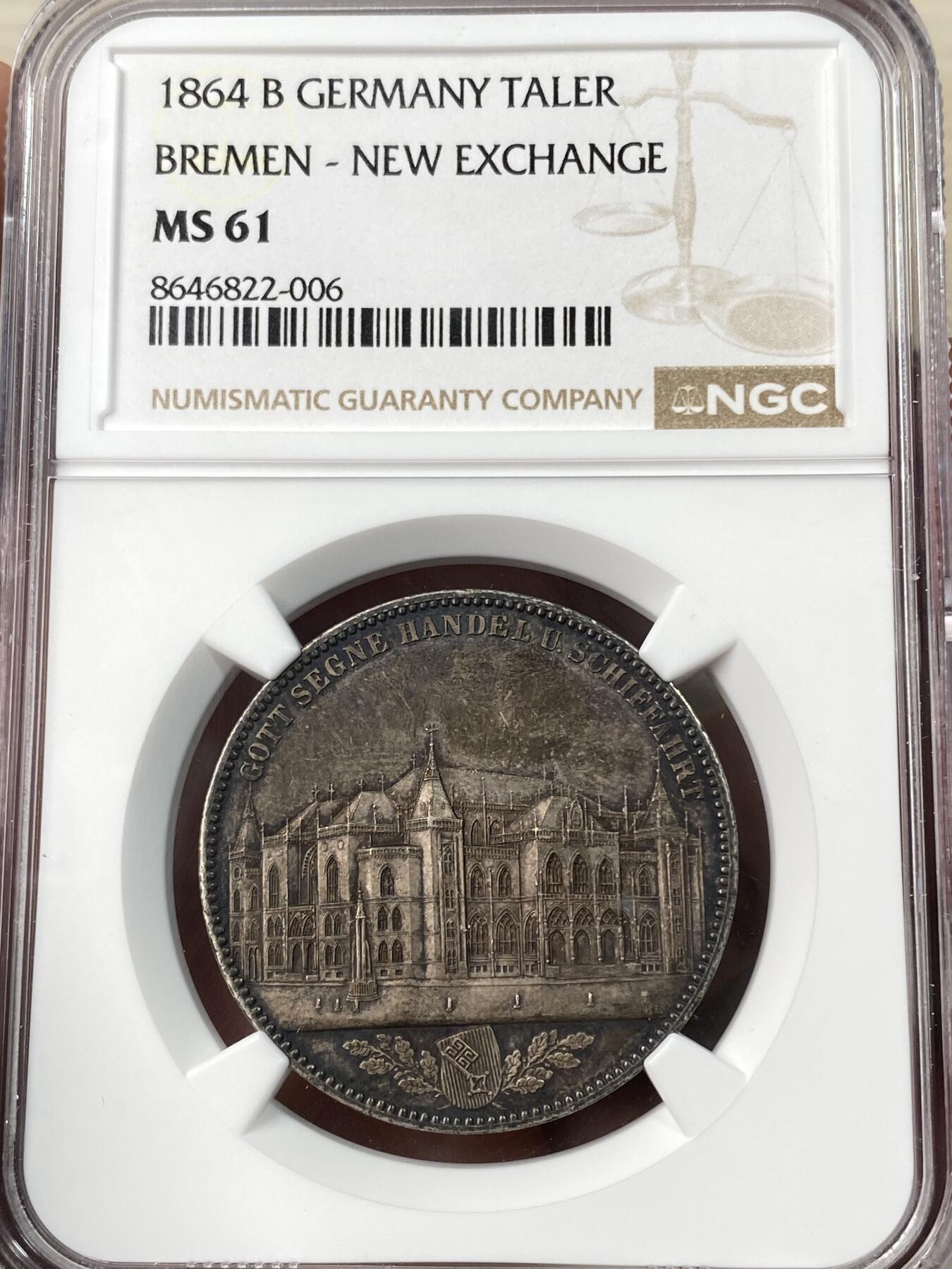 万国钱币拍卖第064期 NGC MS61 1864年德国不莱梅证券交易所1泰勒 发行量仅5000枚联合泰勒名誉品种 其建筑细节刻画丝丝入扣 均匀浓郁欧陆酱彩包浆非常养眼