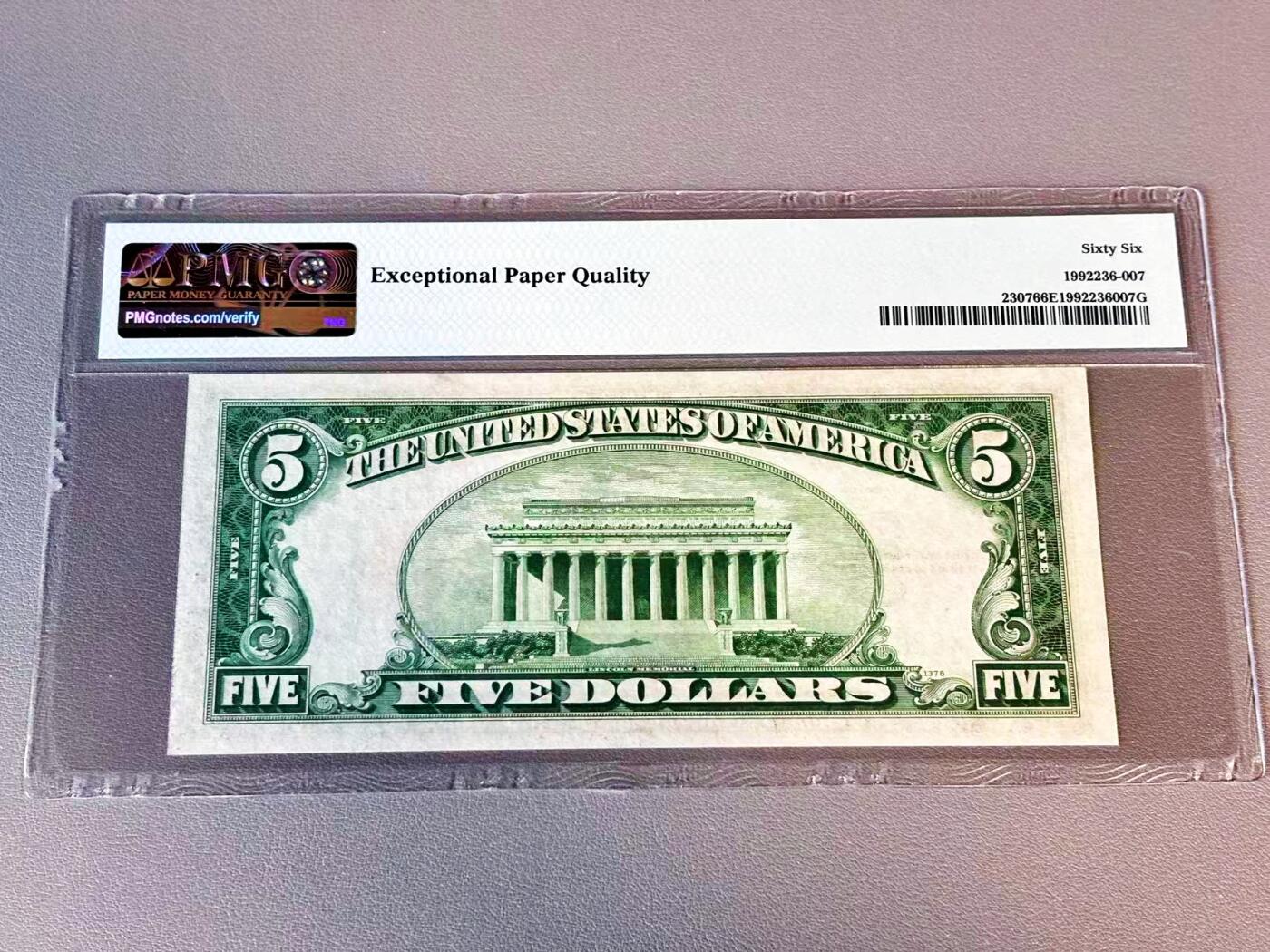 【Blue Auction】世界纸币精拍第804期——18级TOP拍卖/信誉/品质/专业/高效💫 【无47 升值品种】美国 1934年5美金 北非券 林肯 PMG66EPQ 高分（壳子上一处划痕 纸币无影响）