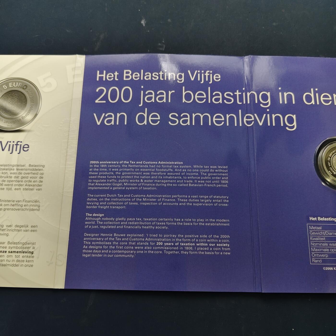 【全场包邮】纯粹捡漏拍519场 荷兰2006年5欧元荷兰金融管理局成立200周年官方卡装精制纪念银币【29毫米11.9克92.5%】