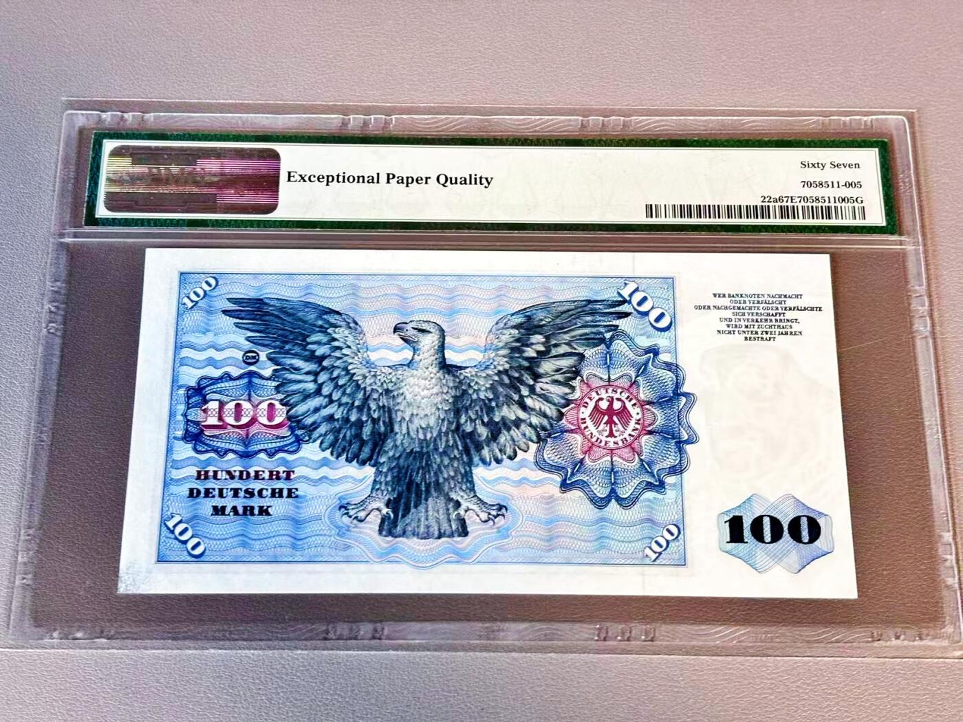 【Blue Auction】世界纸币精拍第804期——18级TOP拍卖/信誉/品质/专业/高效💫 【p22a】德国 1960年100马克 明斯特 PMG67EPQ 