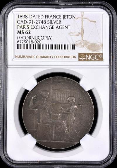 【雨安】【直播拍卖】【第0131期-评级币章】2026-04-04 周六 19:30 (金价1060, 银价18.08)  - [评级章] France [章] 法国 1898年 巴黎交换代理 Jeton  NGC-MS62
