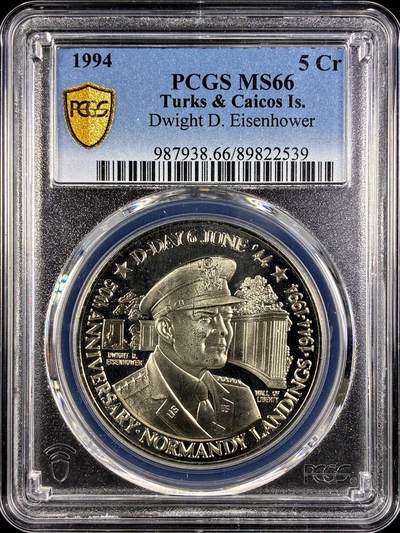 【雨安】【直播拍卖】【第0131期-评级币章】2026-04-04 周六 19:30 (金价1060, 银价18.08)  - [评级现代] Turks and Caicos Islands 特克斯和凯科斯群岛 5克朗 1994年 美国五星上将艾森豪威尔  PCGS-MS66