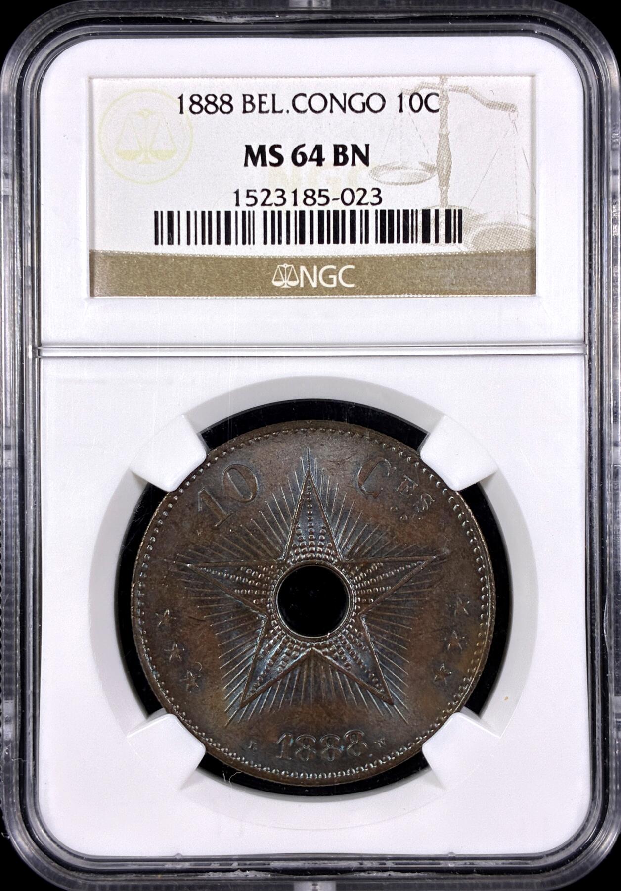 【雨安】【直播拍卖】【第0131期-评级币章】2026-04-04 周六 19:30 (金价1060, 银价18.08)  [评级非洲] Belgian Congo 比属刚果 10分 1888年  NGC-MS64