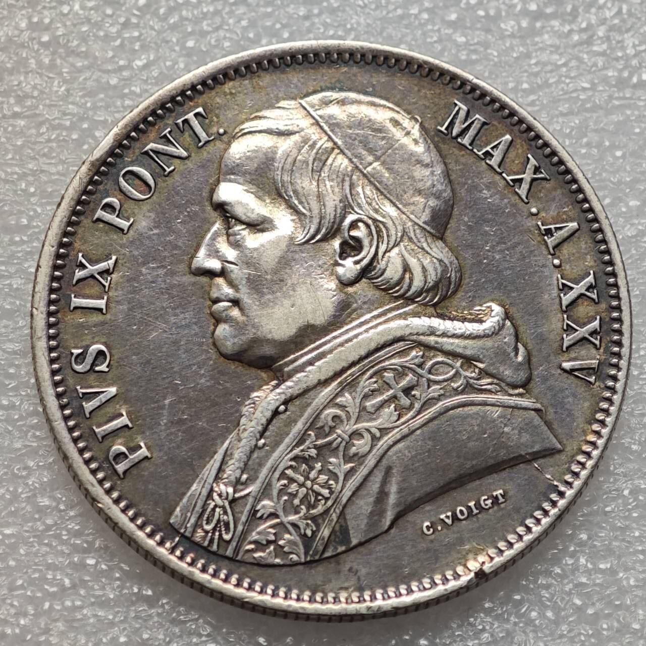  【淘币小摊】限时拍第八百九十二拍   教皇国塞舌尔加纳危地马拉场    每周一统一发货 教皇国1870年5里拉大银币 km1385