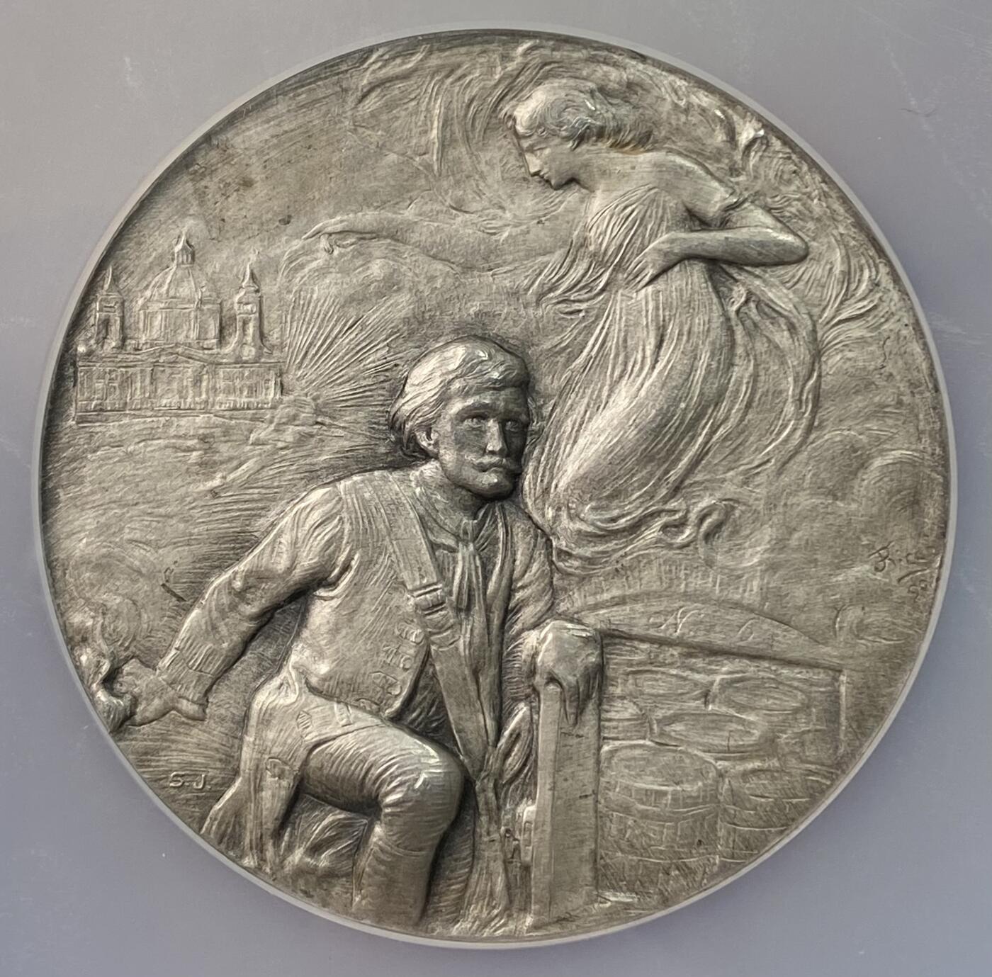 万国钱币拍卖第064期 NGC MS64 1906年意大利伊曼纽尔三世都灵战役200周年纪念大银章 皇室夫妇侧像  极其罕见的意系超大规格银章 MATTE哑光质感 艺术风格非常惹眼