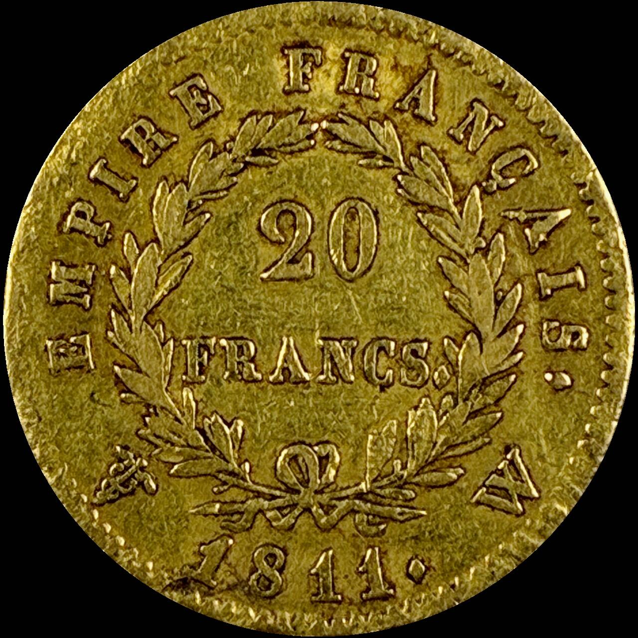 【雨安】【直播拍卖】【第0131期-评级币章】2026-04-04 周六 19:30 (金价1060, 银价18.08)  [裸币金币] [金币] 法国 20法郎 KM#0695 (1809-1814) 拿破仑一世 1811年