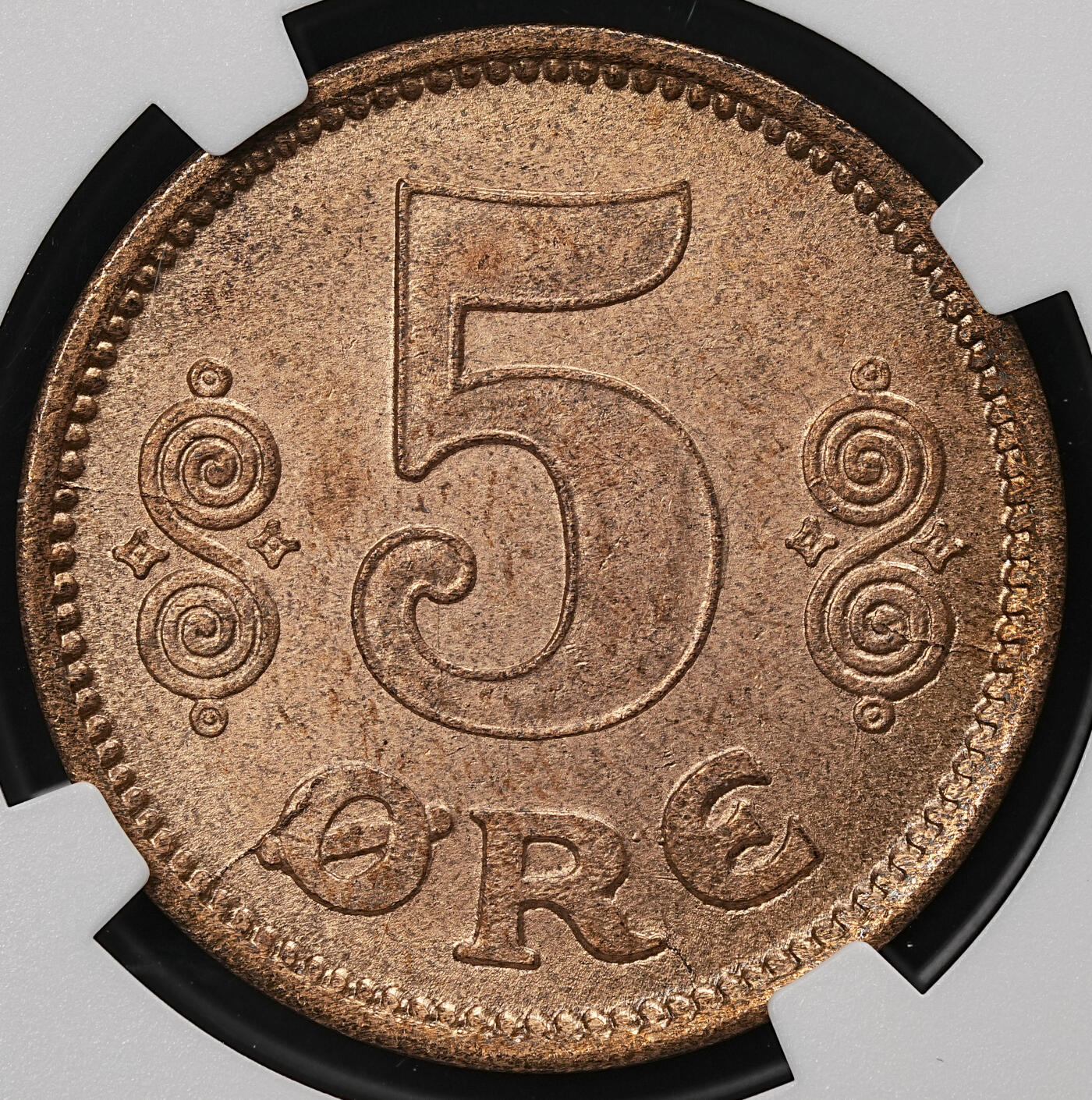 修遠堂世界钱币第110期 NGC MS64RB 1916年丹麦5欧尔铜币 较少见年份 铸造量只有80多万枚