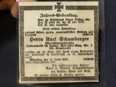 云宸嘉赏-勋臻佳藏四月精品甄选场次（低佣 一元一手） - 德意志巴伐利亚王国步兵第1团第10连机枪手卡尔・尚贝格尔士兵追思讣告（他在索姆河战役时被炮弹直接命中）