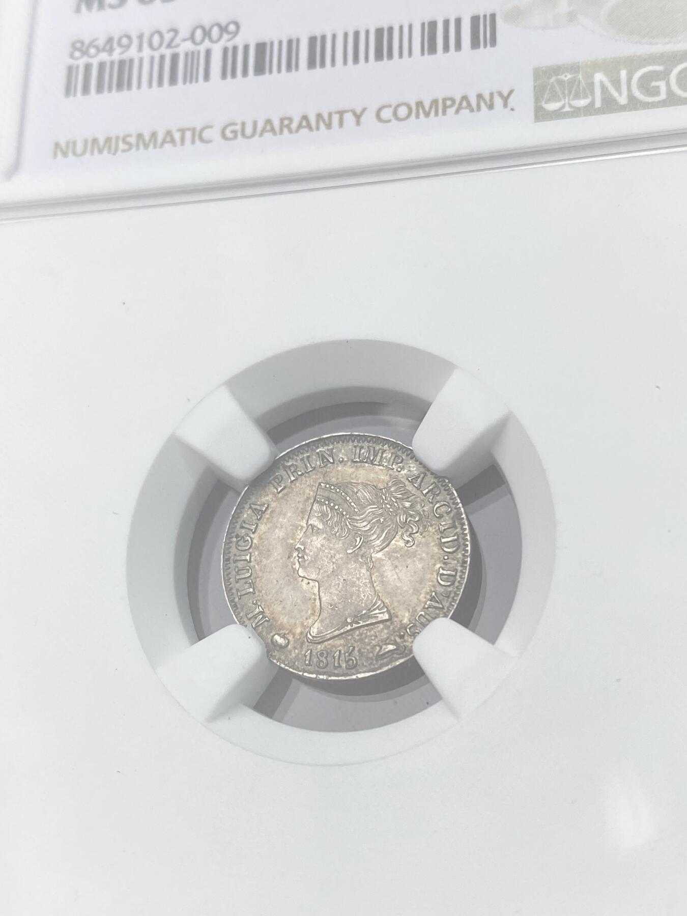 万国钱币拍卖第064期 NGC MS63 1815年意大利帕尔马5索尔迪银币 拿皇夫人帕尔马女大公玛丽亚·露易丝 双面均匀欧陆五彩环绕 国际市场广受欢迎的品种 典藏级品质不可错过