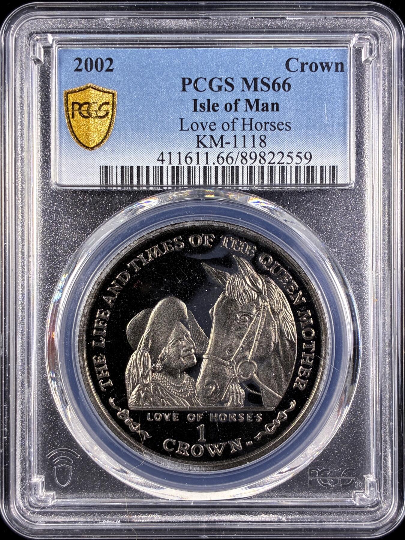 【雨安】【直播拍卖】【第0131期-评级币章】2026-04-04 周六 19:30 (金价1060, 银价18.08)  [评级现代] Isle of Man 马恩岛 1克朗 2002年 伊丽莎白王太后的生平.喜爱马  PCGS-MS66