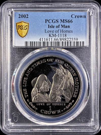 【雨安】【直播拍卖】【第0131期-评级币章】2026-04-04 周六 19:30 (金价1060, 银价18.08)  - [评级现代] Isle of Man 马恩岛 1克朗 2002年 伊丽莎白王太后的生平.喜爱马  PCGS-MS66