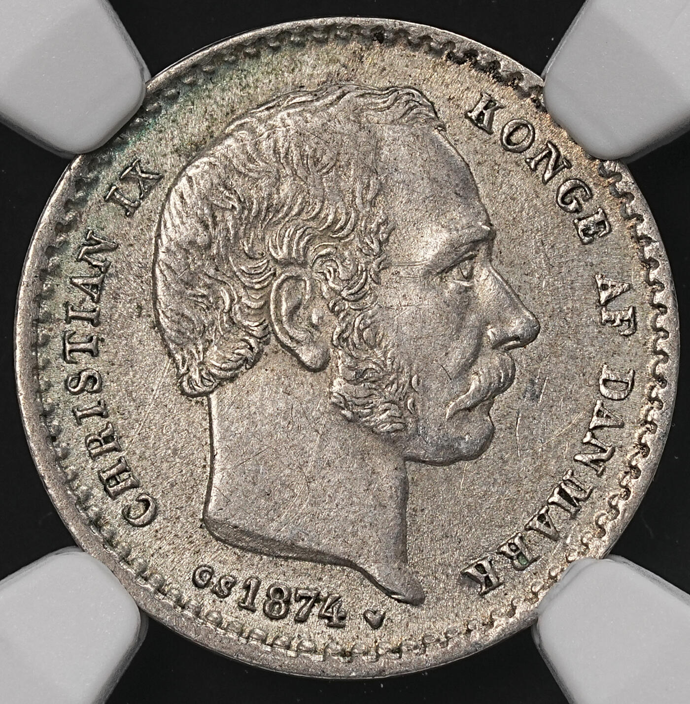 修遠堂世界钱币第110期 NGC MS62 1874年丹麦海豚25欧尔银币，首年份，充分流通品种，MS稀见