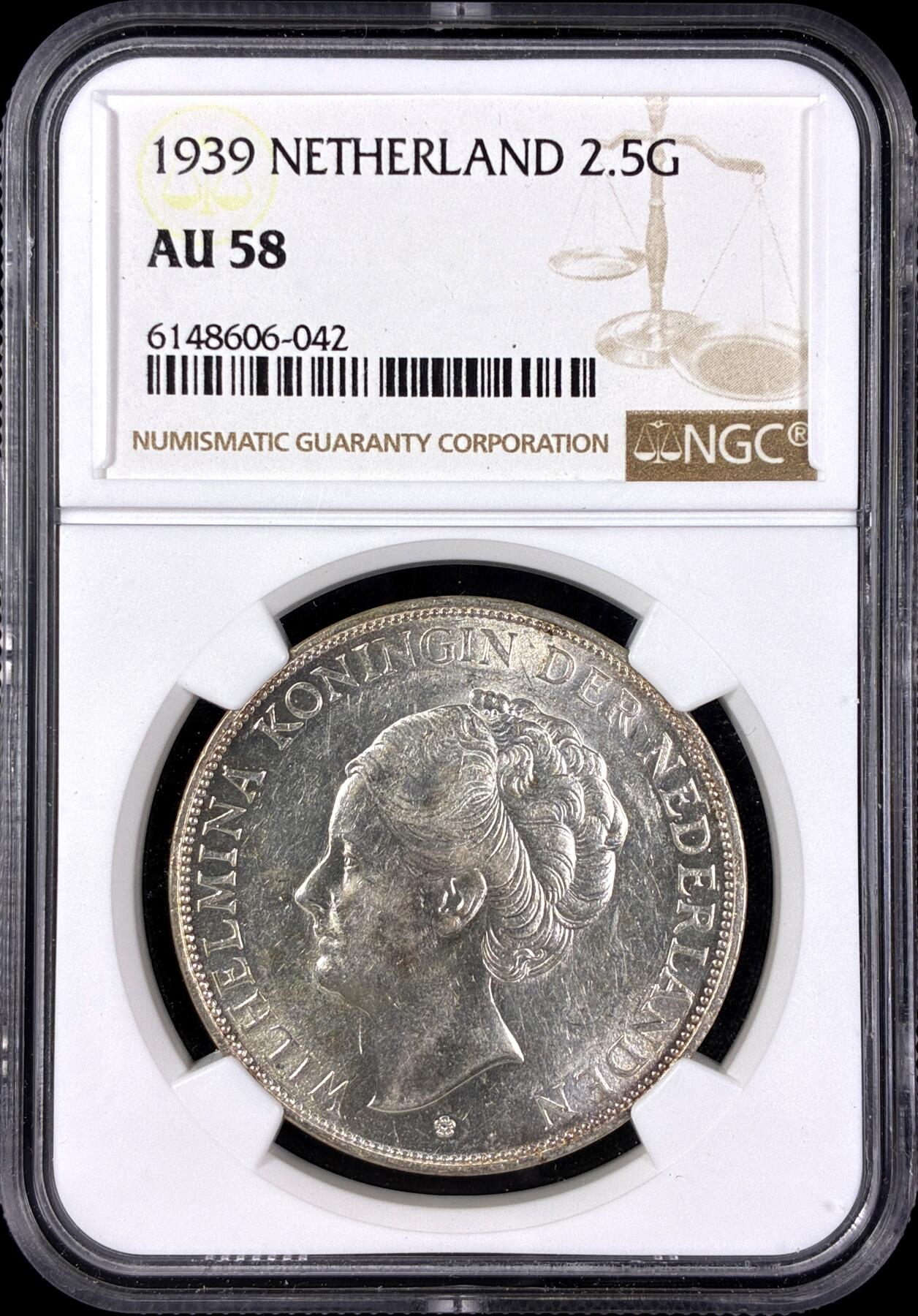 【雨安】【直播拍卖】【第0131期-评级币章】2026-04-04 周六 19:30 (金价1060, 银价18.08)  [评级欧洲] Netherlands 荷兰 王国 威廉明娜 2.5盾 1939年  NGC-AU58