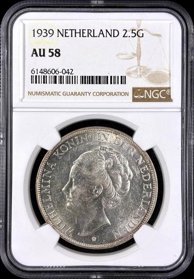【雨安】【直播拍卖】【第0131期-评级币章】2026-04-04 周六 19:30 (金价1060, 银价18.08)  - [评级欧洲] Netherlands 荷兰 王国 威廉明娜 2.5盾 1939年  NGC-AU58