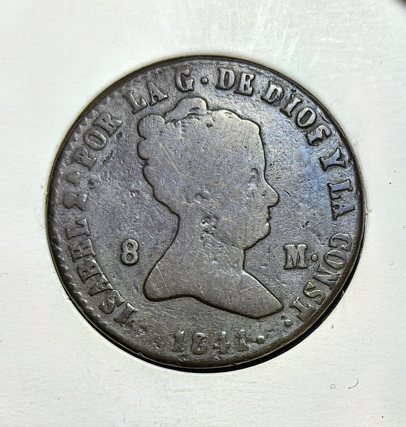 外国优质银币克朗币纪念章，每周六晚九点倒数截拍，满百包邮可寄存，持续收拍 西班牙伊莎贝拉二世1841 年8 马拉维迪铜币，正面为伊莎贝拉二世胸像，背面是卡斯蒂利亚 - 莱昂盾徽，是 19 世纪西班牙本土流通辅币，见证了伊莎贝拉二世王朝的历史。