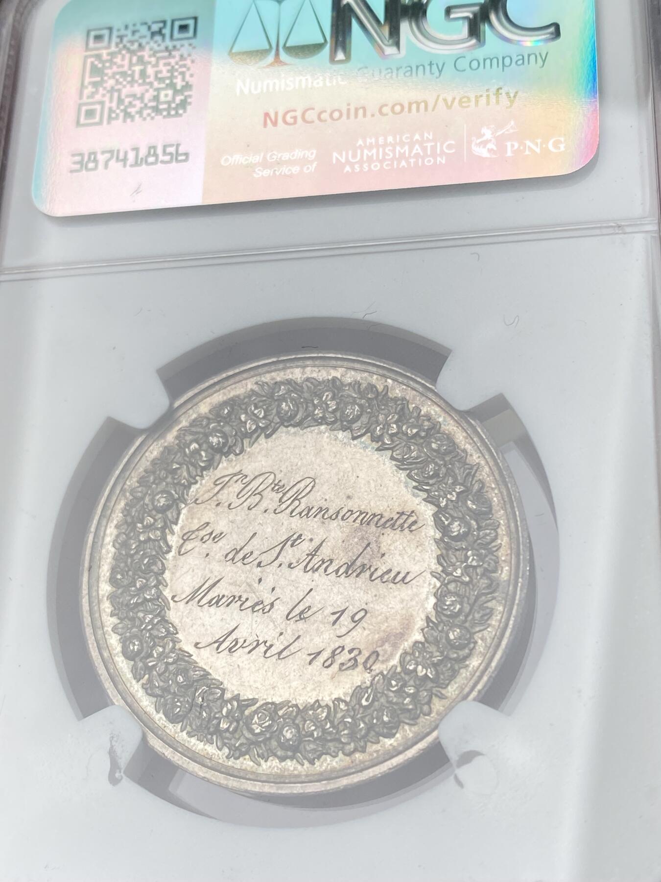 万国钱币拍卖第064期 NGC MS62 1830年法国经典结婚纪念银章 高浮雕人物刻画细腻