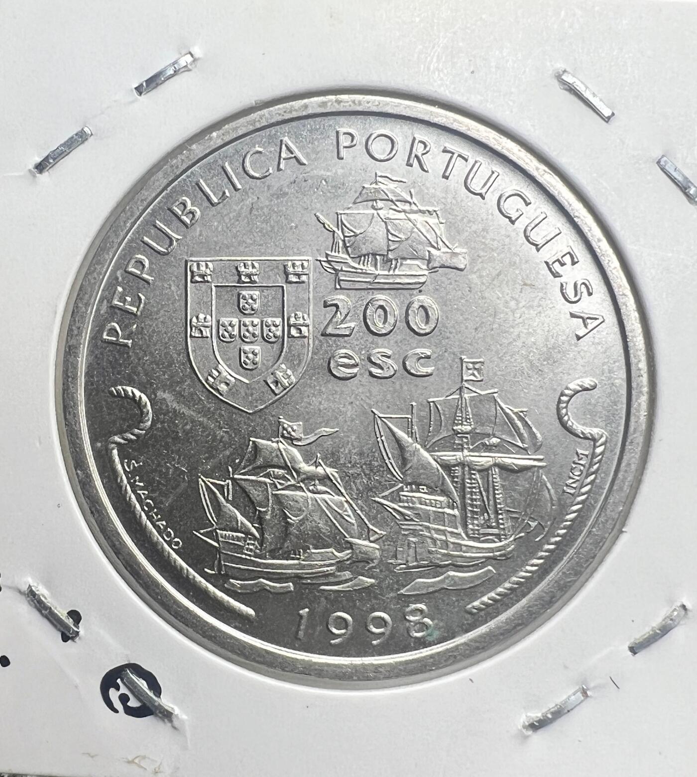 1998 年葡萄牙 200 埃斯库多纪念币 达・伽马首航印度 500 周年 大航海时代