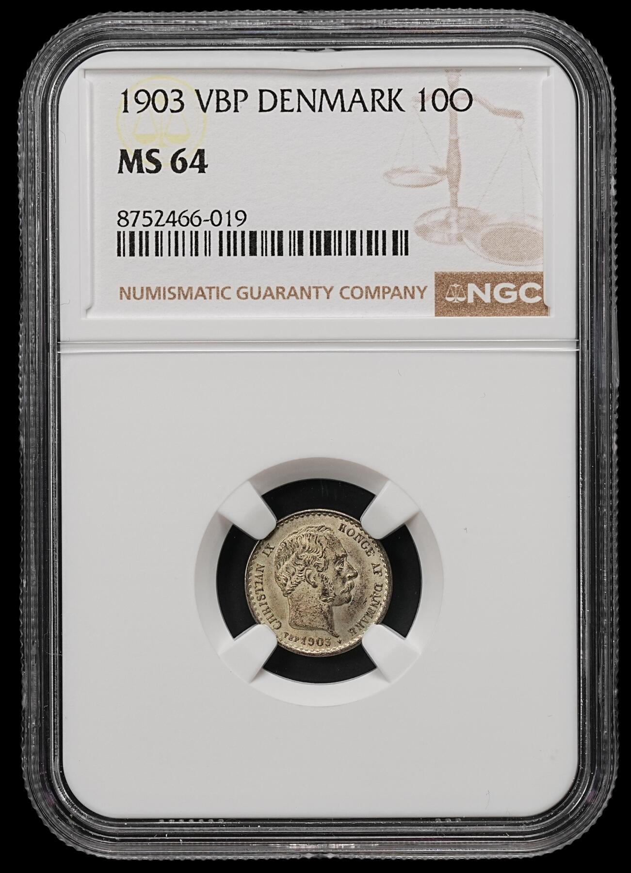 修遠堂世界钱币第110期 NGC MS64  1903年丹麦海豚10欧尔银币