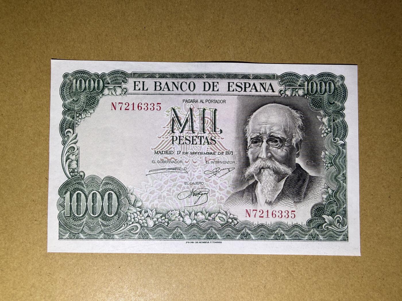 《愛美收藏》第239期-4.5周日外币黄金场  西班牙1000比塞塔 UNC 1971年 西班牙银行成为唯一发钞银行100周年纪念钞 无4
