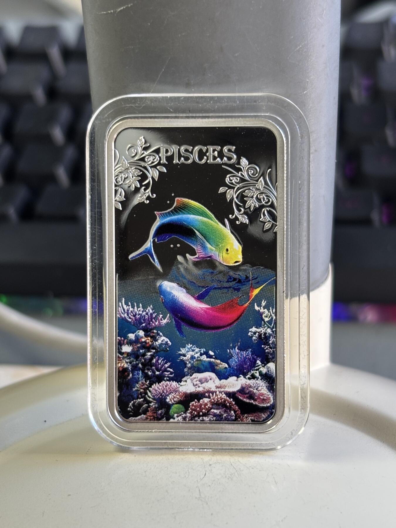 第196期拍卖 库克2014十二星座系列双鱼座彩色长方形精制银币20克，999银，发行5000枚