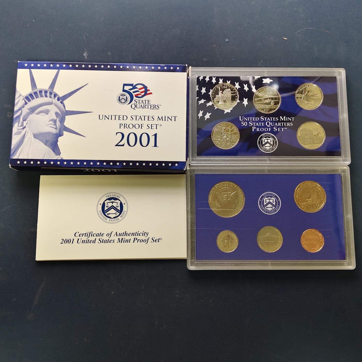 【全场包邮】纯粹捡漏拍519场 美国2001年官方封装精制套币（流通币一盒+州币一盒）-盒证全