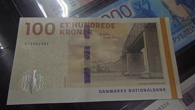 世界钱币～微拍第243期暨2026年第24期  老库存每款各1-2张清仓低价起拍 - 丹麦100克朗 全新绝品尾号619B4