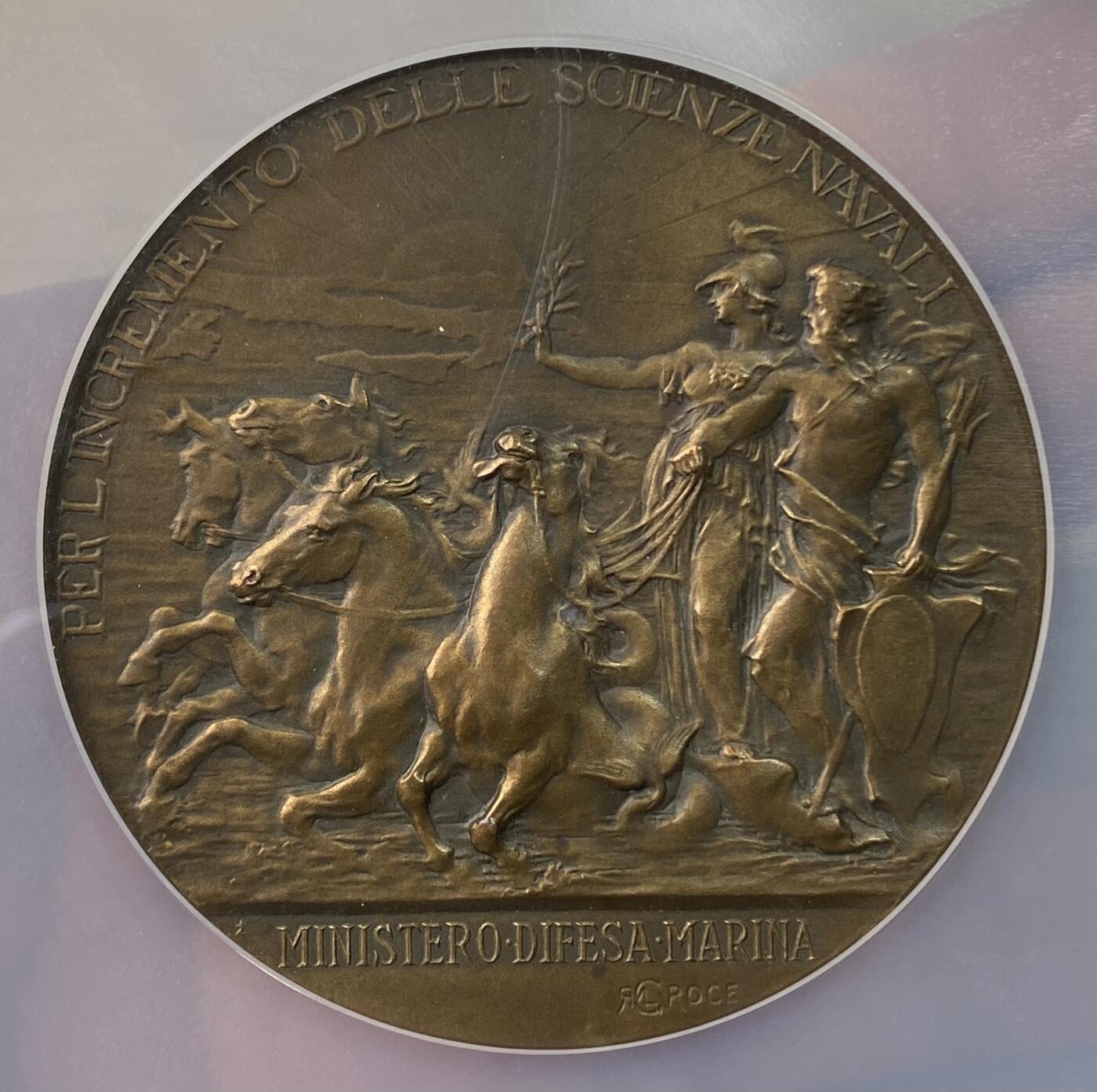 万国钱币拍卖第064期 NGC MS62 20世纪初意大利航海科学发展纪念单面大铜章 单面试铸样式意大利女神与马车