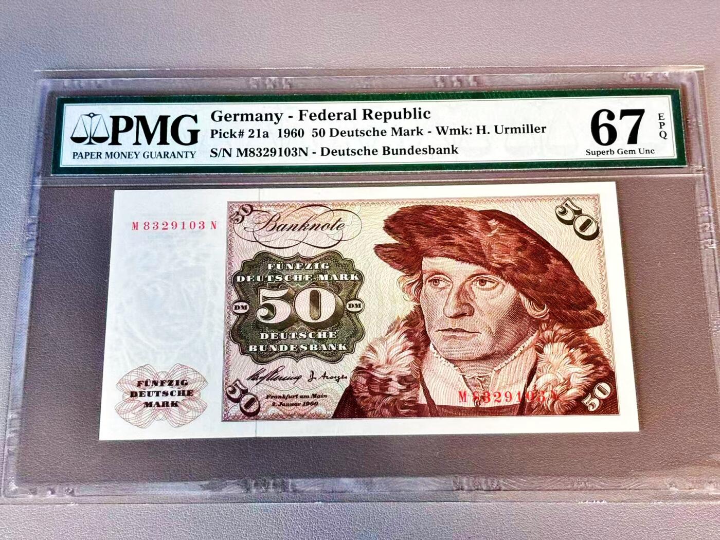 【Blue Auction】世界纸币精拍第804期——18级TOP拍卖/信誉/品质/专业/高效💫 【p21a 无47】德国 1960年50马克 PMG67EPQ 