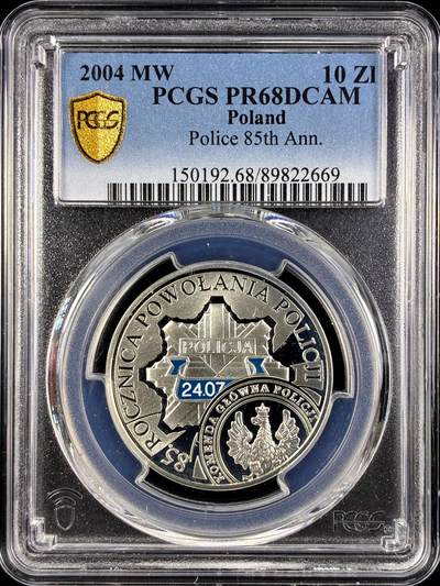 【雨安】【直播拍卖】【第0131期-评级币章】2026-04-04 周六 19:30 (金价1060, 银价18.08)  - [评级现代] Poland 波兰 10兹罗提 2004年 警察85周年 PCGS-PR68DCAM 精制币