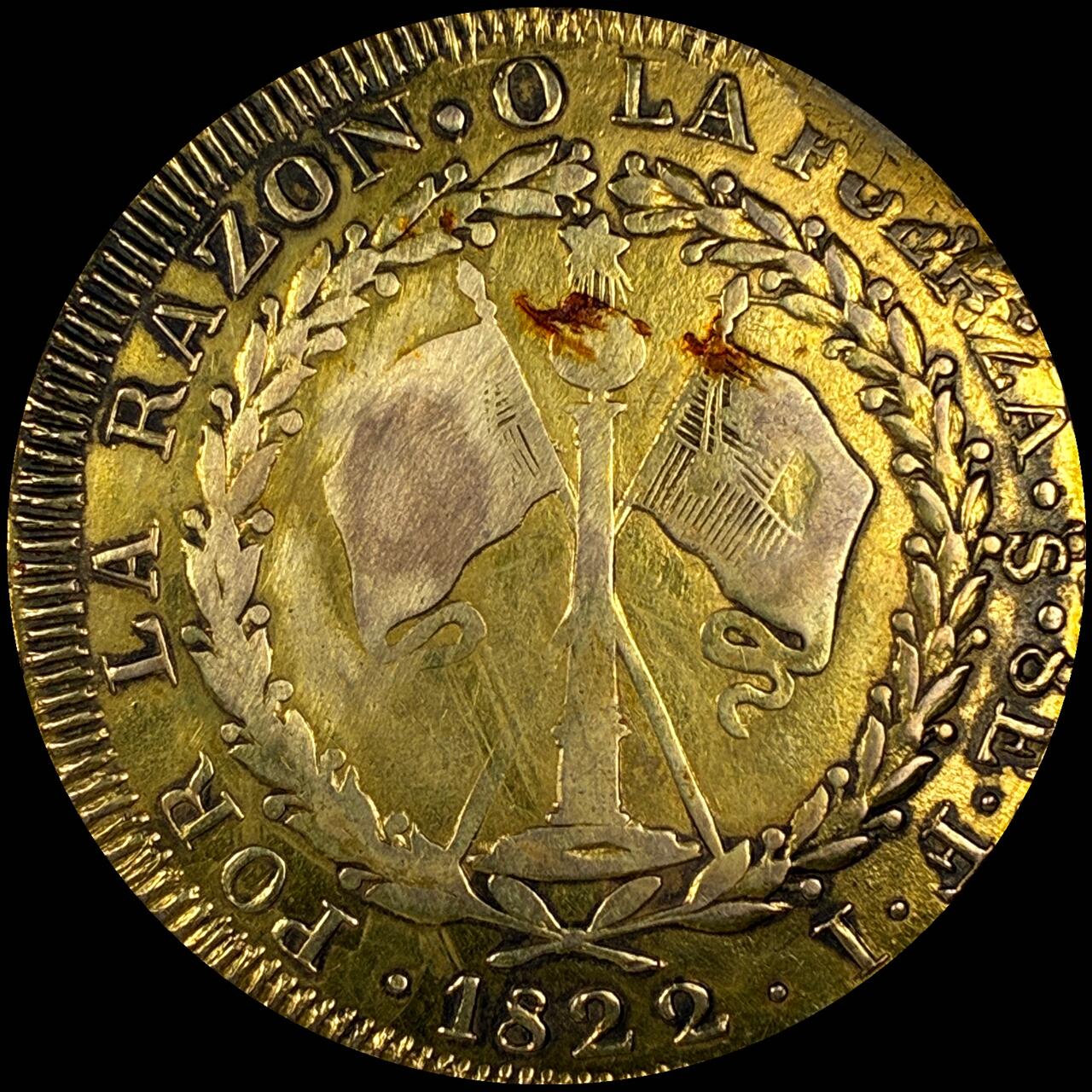 【雨安】【直播拍卖】【第0131期-评级币章】2026-04-04 周六 19:30 (金价1060, 银价18.08)  [裸币金币] Chile [金币] 智利 8埃斯库多 1822年 极其罕见, NGC鉴定, 但是币面改变没有装盒子 24.5克