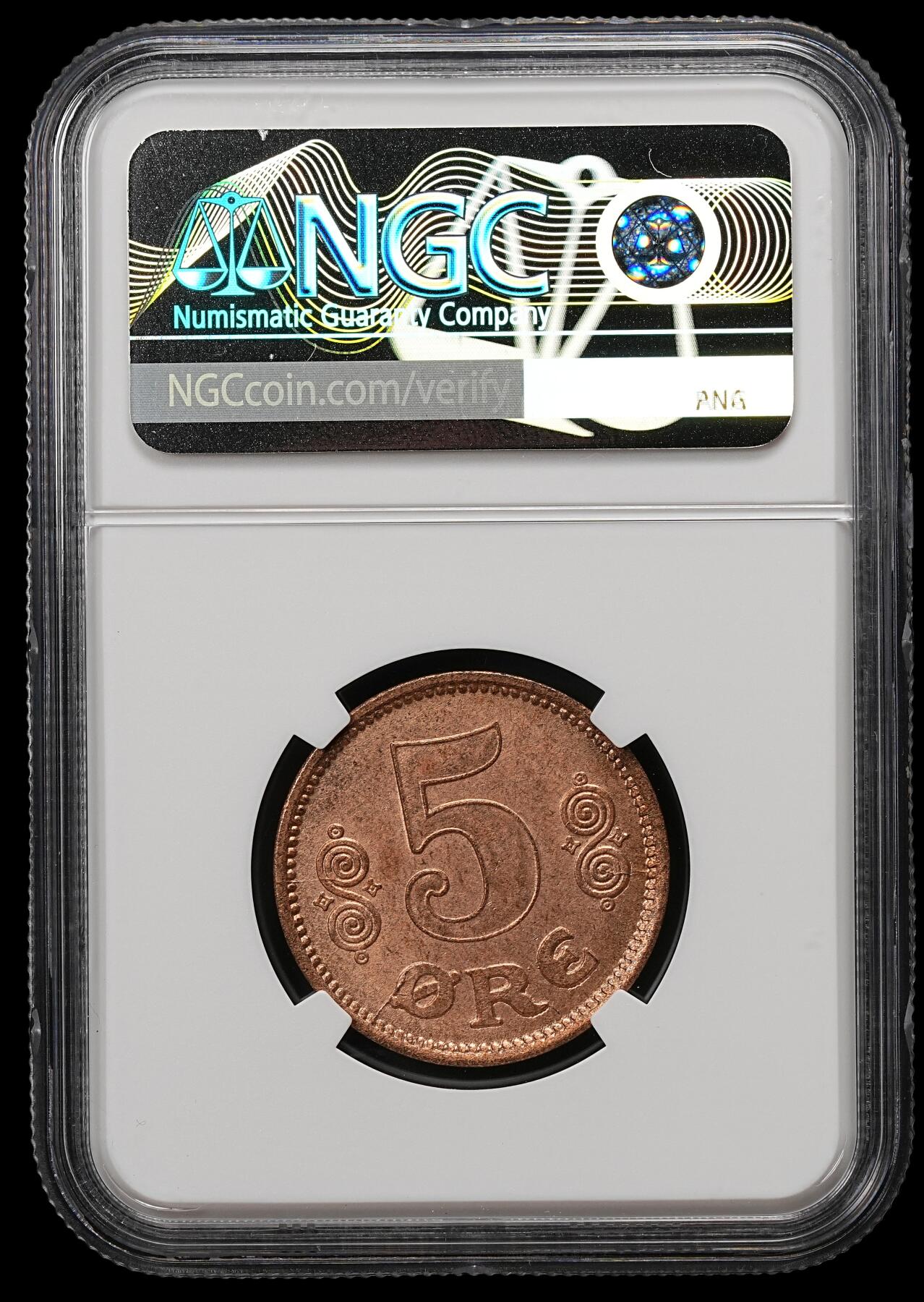 修遠堂世界钱币第110期 NGC MS64RB 1916年丹麦5欧尔铜币 较少见年份 铸造量只有80多万枚