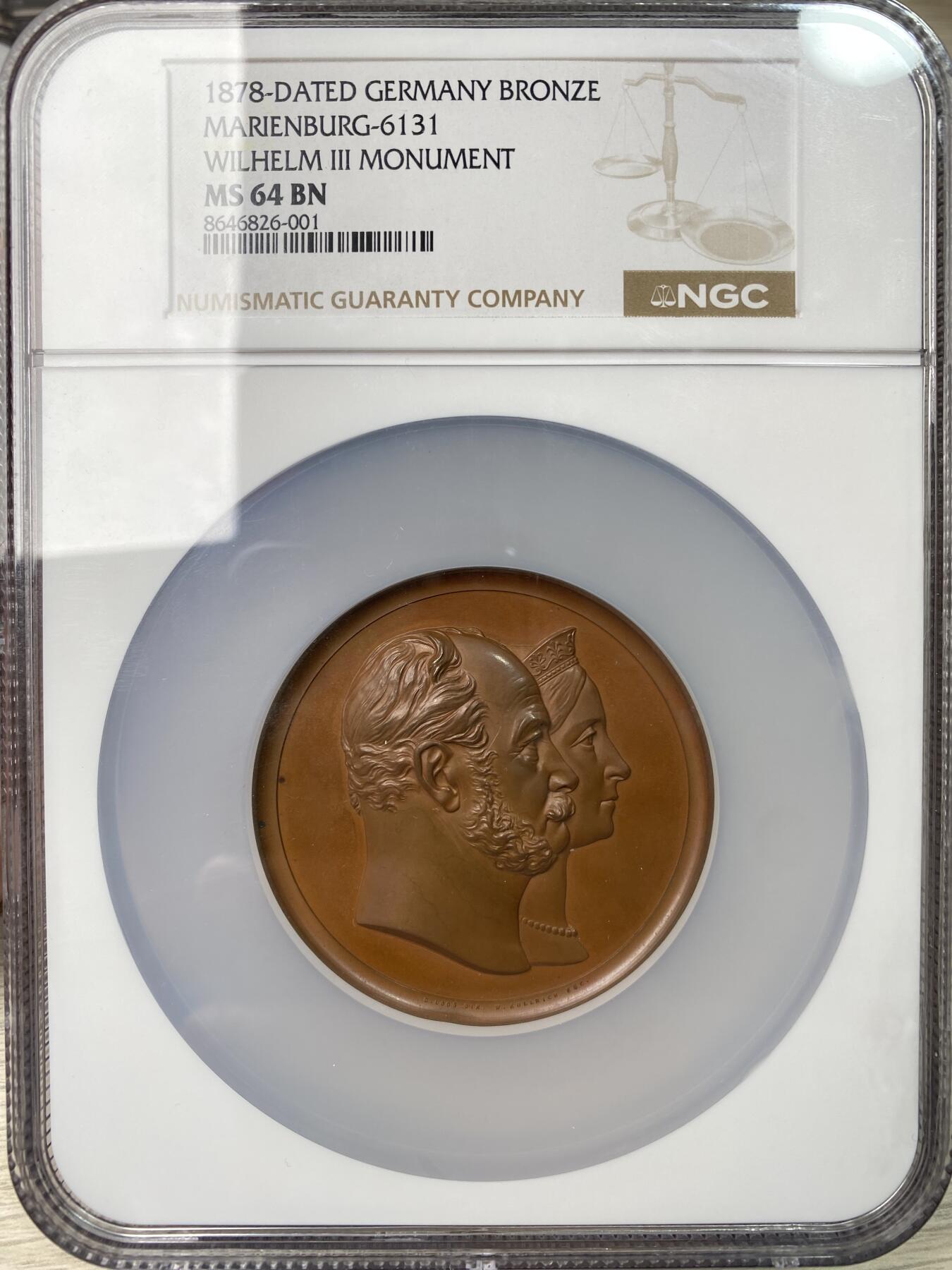 万国钱币拍卖第064期 NGC MS64 1878年德国坐落于圣城科隆的普鲁士威廉三世戎装骑马铜像落成纪念大铜章 官铸高浮雕精湛雕工原味铜光 大规格61MM 96G