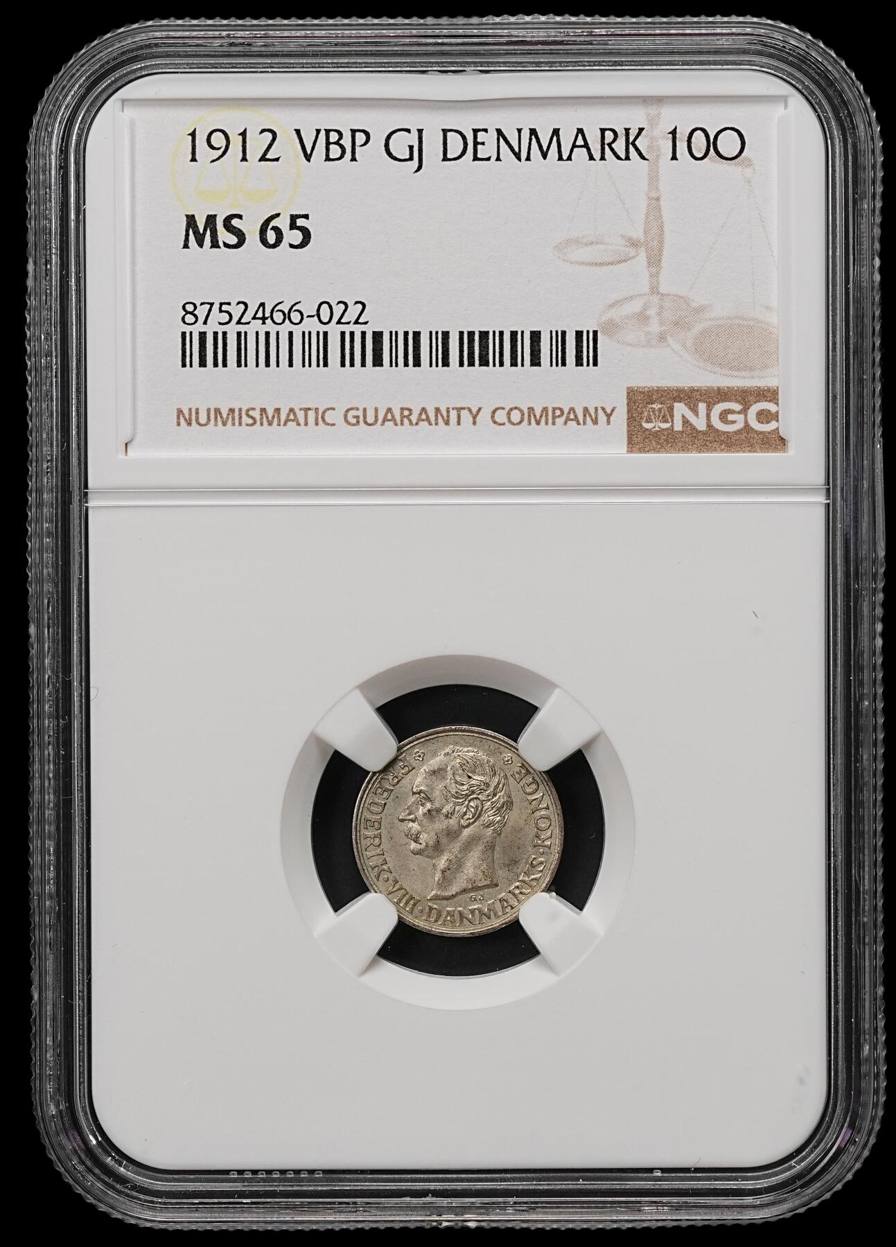 修遠堂世界钱币第110期 NGC MS65 1912年丹麦10欧尔银币