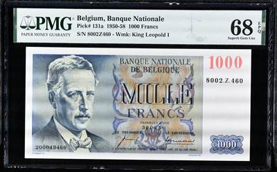 《愛美收藏》第239期-4.5周日外币黄金场  - 比利时1000法郎 PMG68E 1958年"老船长" 唯一冠军分