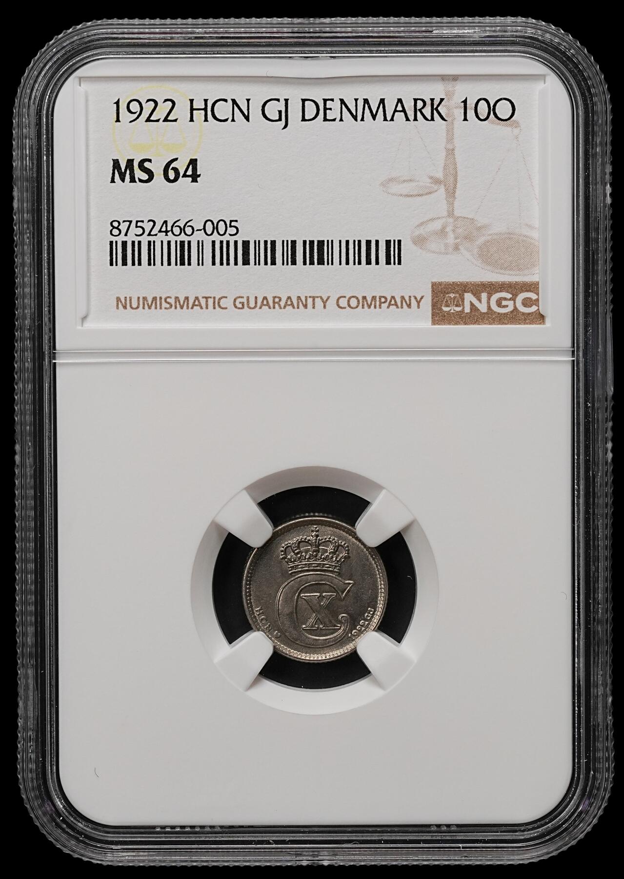 修遠堂世界钱币第110期 NGC MS64 1922年丹麦10欧尔，特年