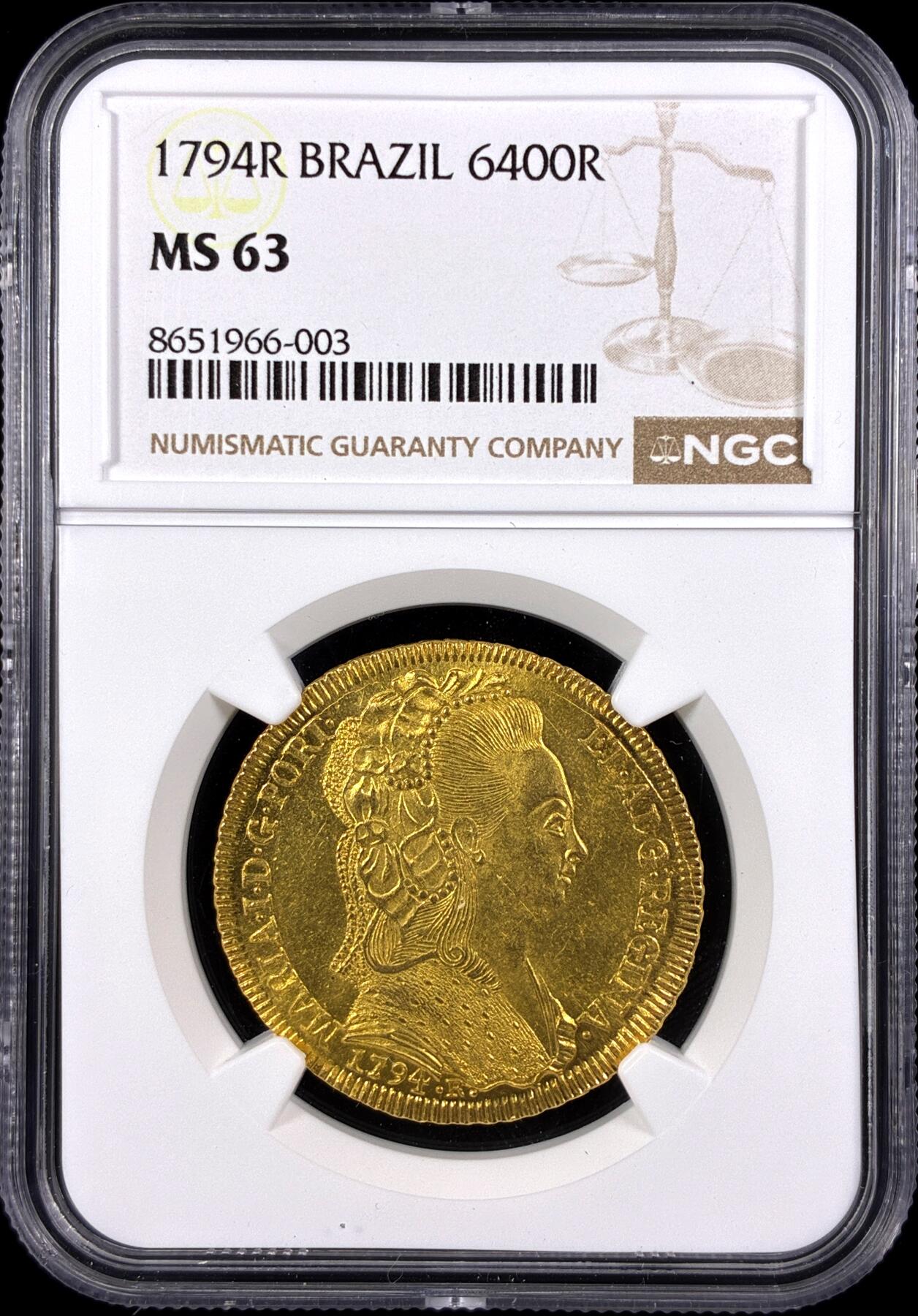 【雨安】【直播拍卖】【第0131期-评级币章】2026-04-04 周六 19:30 (金价1060, 银价18.08)  [评级金铂] Brazil [金币] 巴西 6400瑞斯 (1789-1806) 玛丽亚一世 [14.34克, 0.917金] 1794年  NGC-MS63 底板一流, 金光闪闪