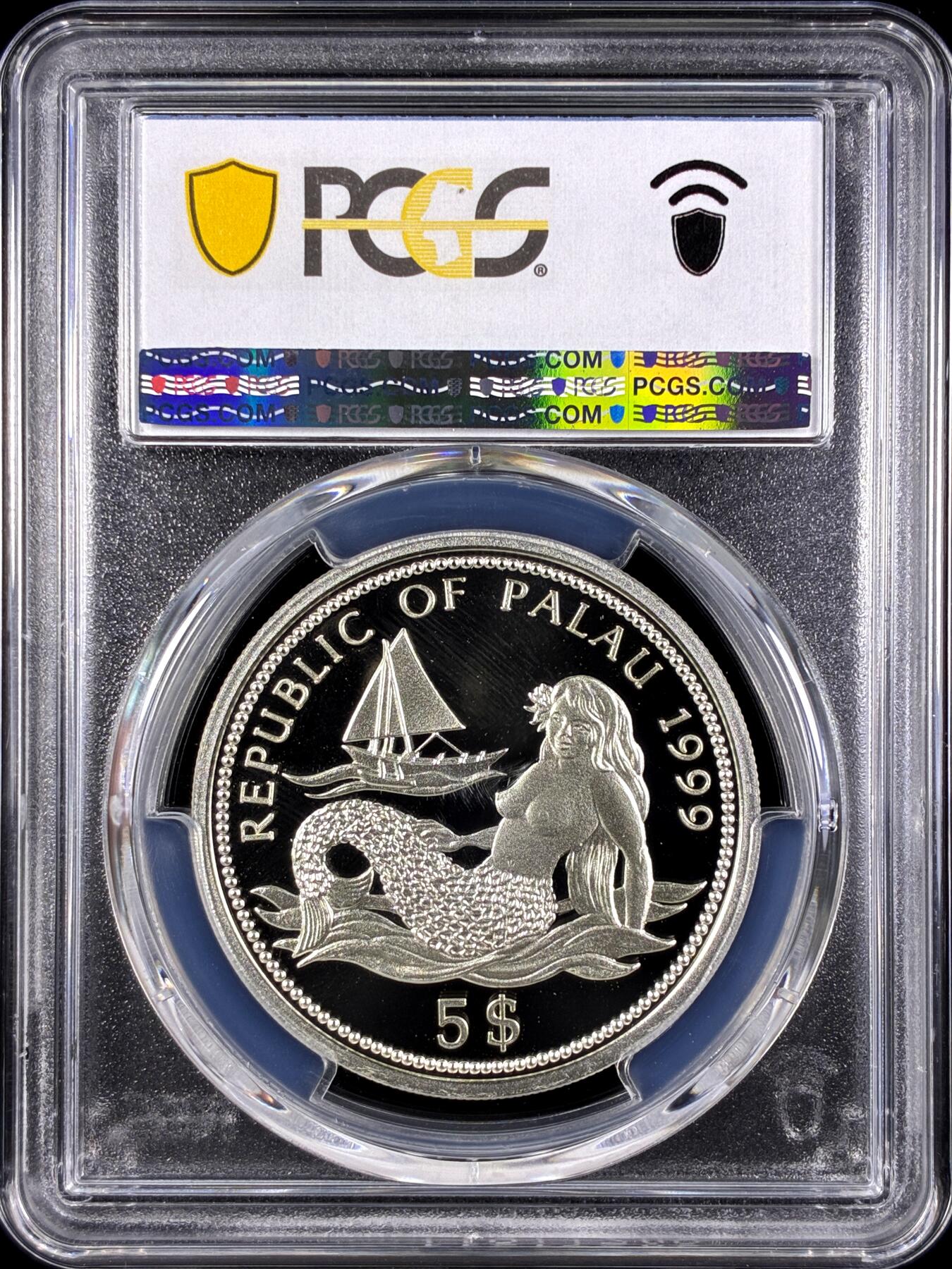 【雨安】【直播拍卖】【第0131期-评级币章】2026-04-04 周六 19:30 (金价1060, 银价18.08)  [评级现代] Palau 帕劳 5元 1999年 鲨鱼 PCGS-PR69DCAM 精制币