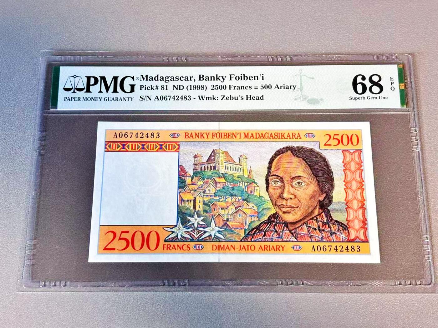 【Blue Auction】世界纸币精拍第804期——18级TOP拍卖/信誉/品质/专业/高效💫 马达加斯加 1998年2500法郎 PMG68EPQ 高分