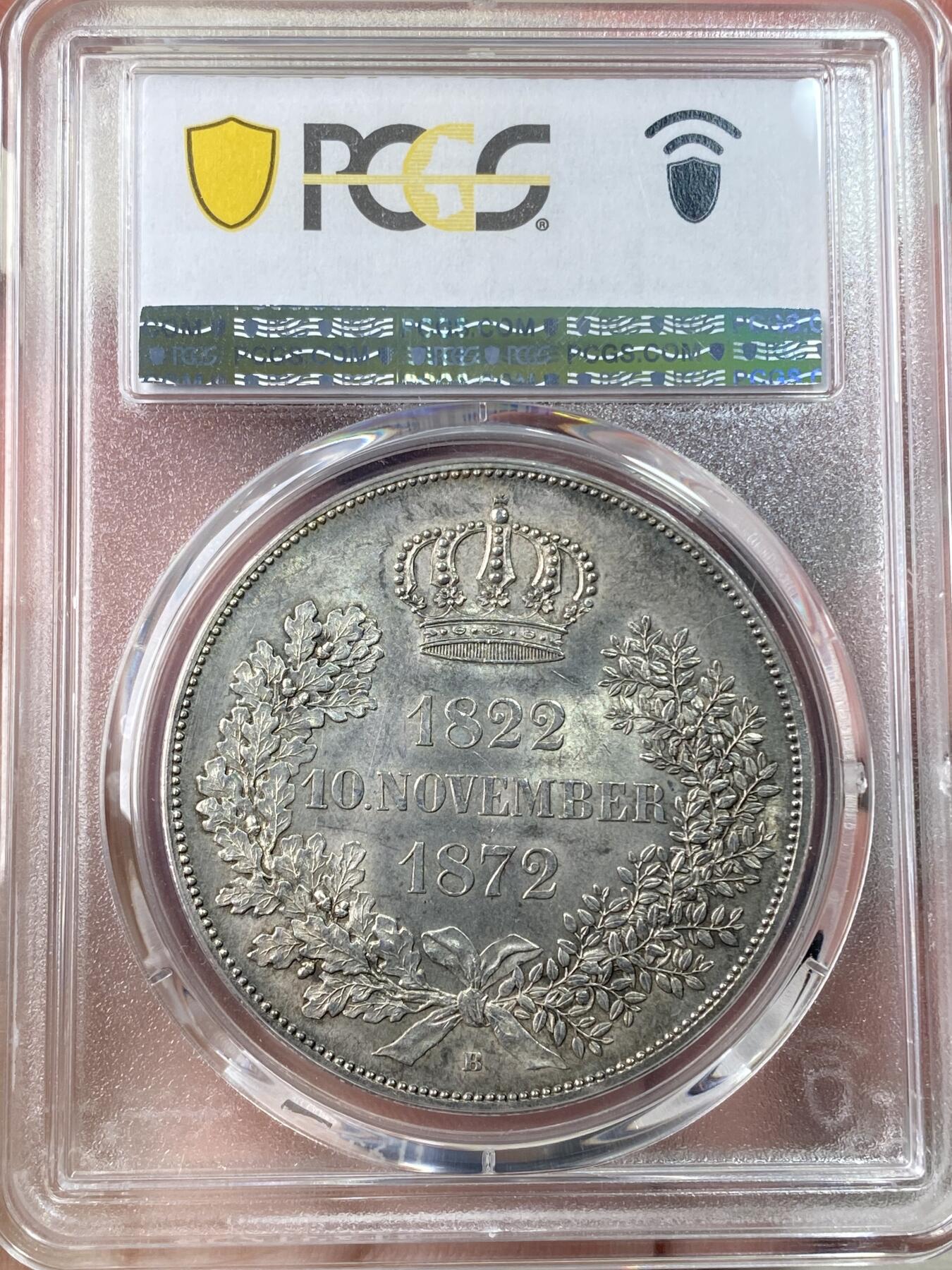 万国钱币拍卖第064期 PCGS MS62 1872年德国萨克森金婚2泰勒 经典品种 最后的2泰勒 原味欧陆淡彩转光 全深打戎装胸章清晰