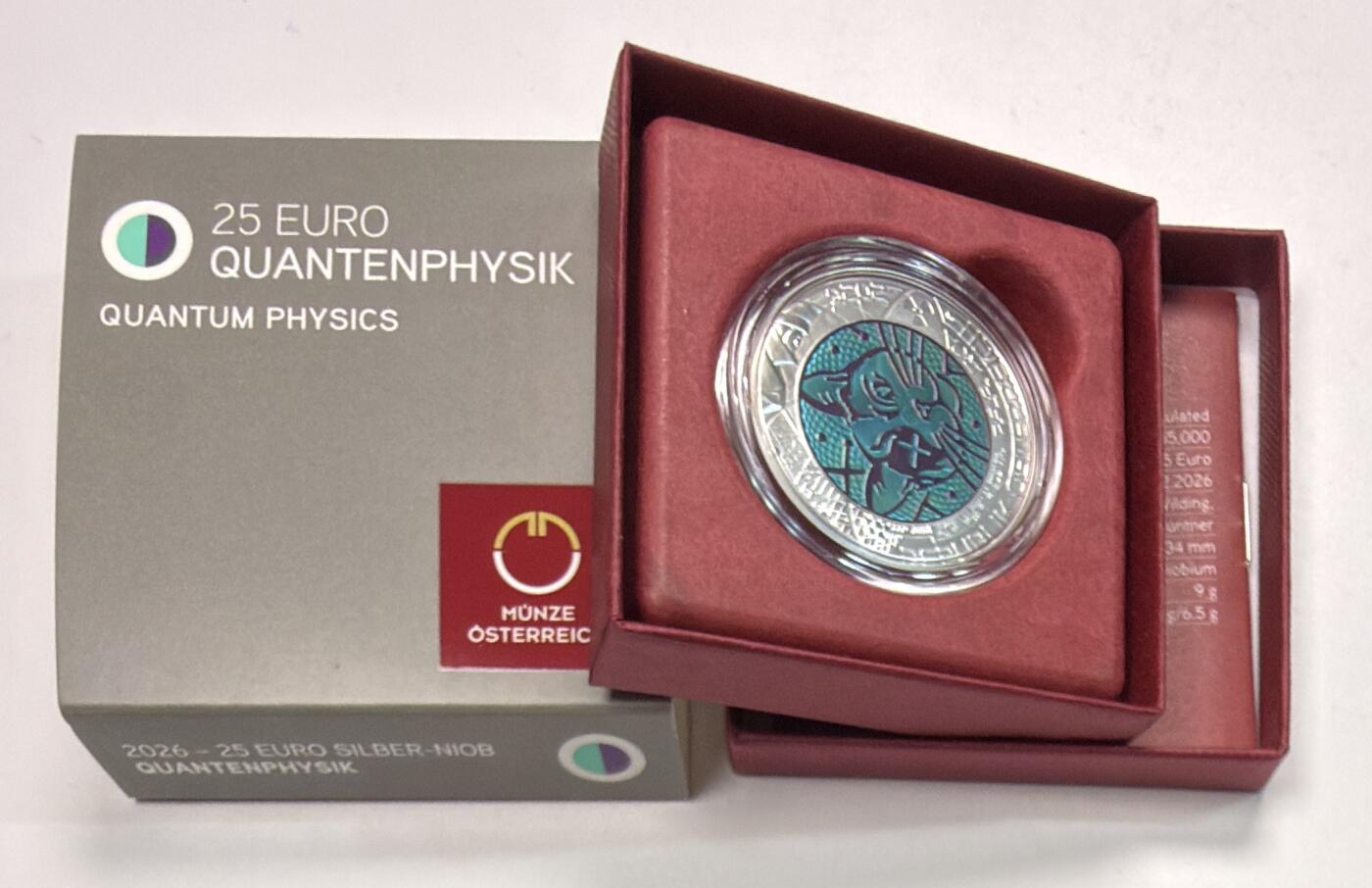 奥地利2026年 量子物理 25欧元银+铌双色纪念币 盒证齐全
