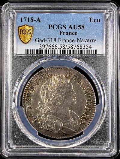 【雨安】【直播拍卖】【第0131期-评级币章】2026-04-04 周六 19:30 (金价1060, 银价18.08)  - [评级法国] France 法国 1埃居 KM#0435 (1718-1720) 路易十五 儿童版大头像  PCGS-AU58 顶级原味淡美包浆, 底光光感十足 比很多这个币的MS品质都好