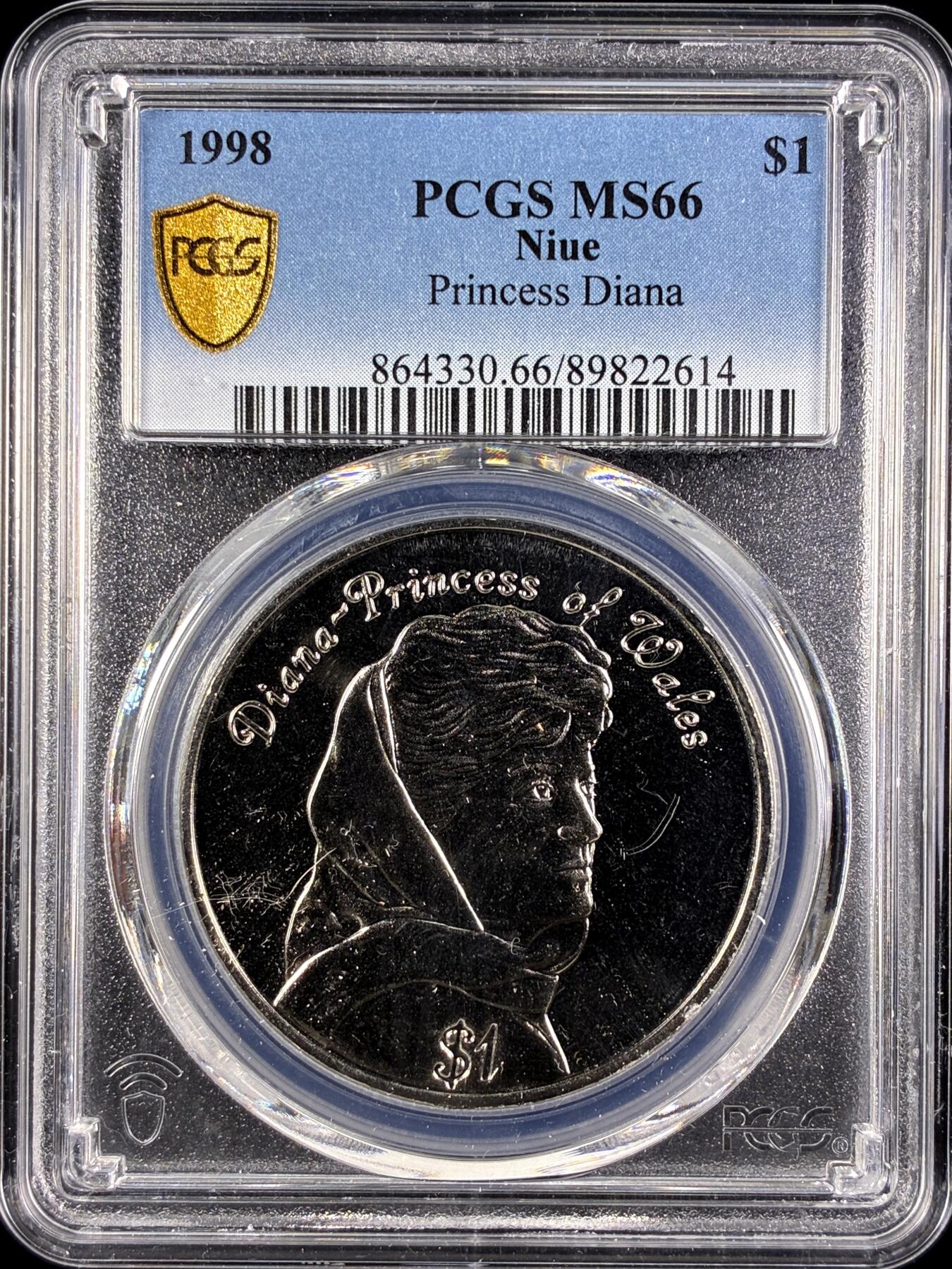 【雨安】【直播拍卖】【第0131期-评级币章】2026-04-04 周六 19:30 (金价1060, 银价18.08)  [评级现代] Niue 纽埃 1元 1998年 戴安娜  PCGS-MS66