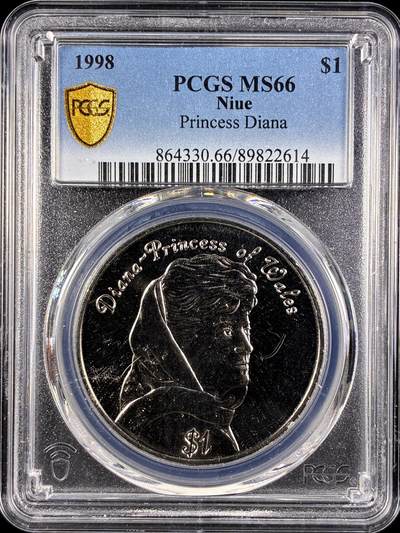【雨安】【直播拍卖】【第0131期-评级币章】2026-04-04 周六 19:30 (金价1060, 银价18.08)  - [评级现代] Niue 纽埃 1元 1998年 戴安娜  PCGS-MS66