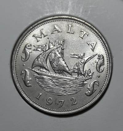 外国优质银币克朗币纪念章，每周六晚九点倒数截拍，满百包邮可寄存，持续收拍 - 马耳他1972年10 分流通币，背面绘古代帆船与海豚，象征马耳他的海洋历史与航海传统，是马耳他独立后发行的首套流通币之一，见证其主权独立进程