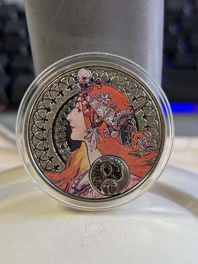 第196期拍卖 - 纽埃2011年十二星座系列白羊座慕夏新艺术美女银币，925银，28.28克发行10000枚