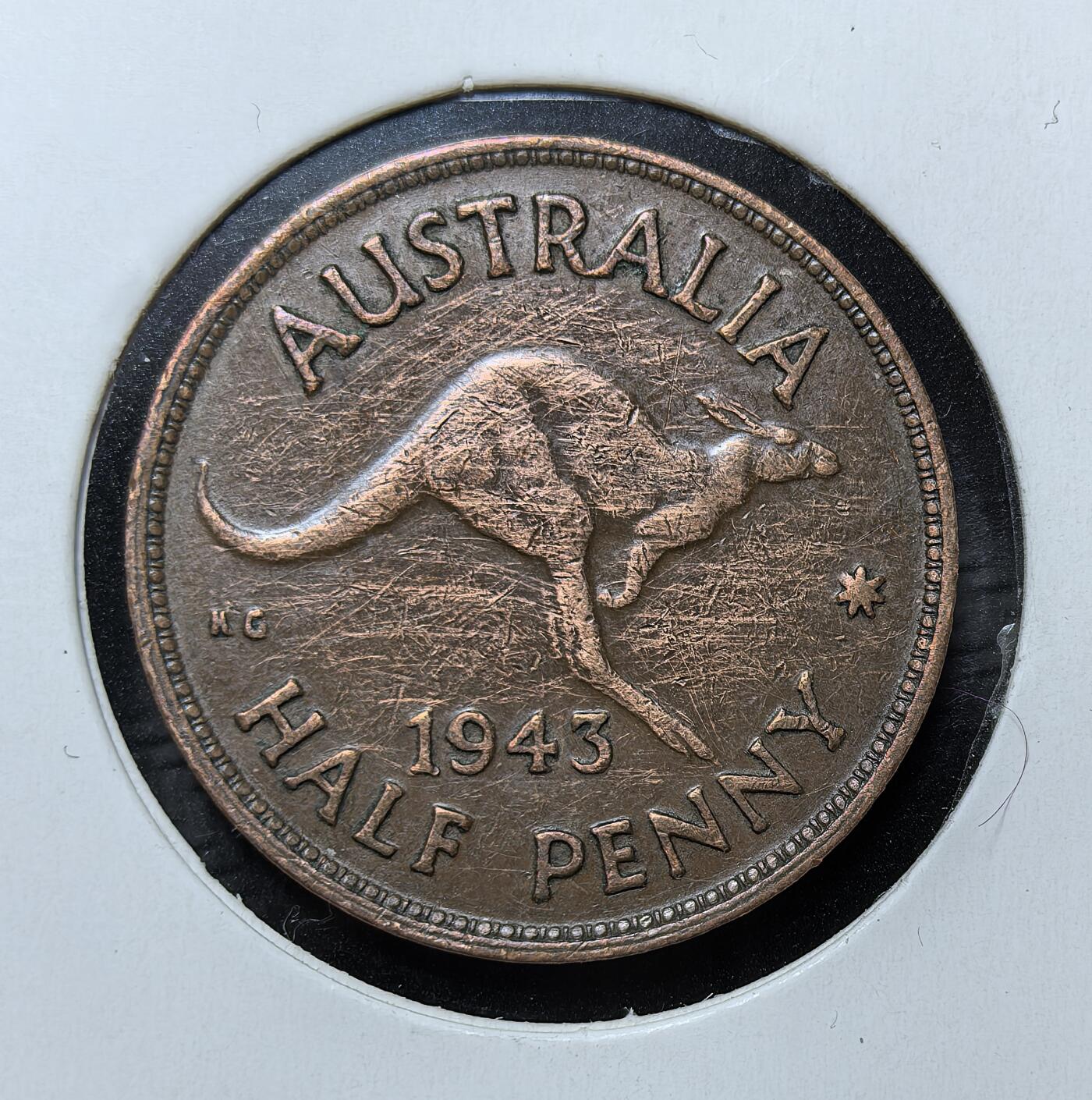 外国优质银币克朗币纪念章，每周六晚九点倒数截拍，满百包邮可寄存，持续收拍 澳大利亚1943年半便士青铜币，正面为乔治六世头像，背面铸跳跃袋鼠，由墨尔本等造币厂铸造