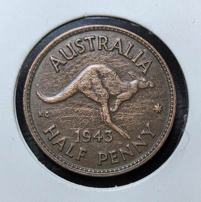 外国优质银币克朗币纪念章，每周六晚九点倒数截拍，满百包邮可寄存，持续收拍 - 澳大利亚1943年半便士青铜币，正面为乔治六世头像，背面铸跳跃袋鼠，由墨尔本等造币厂铸造