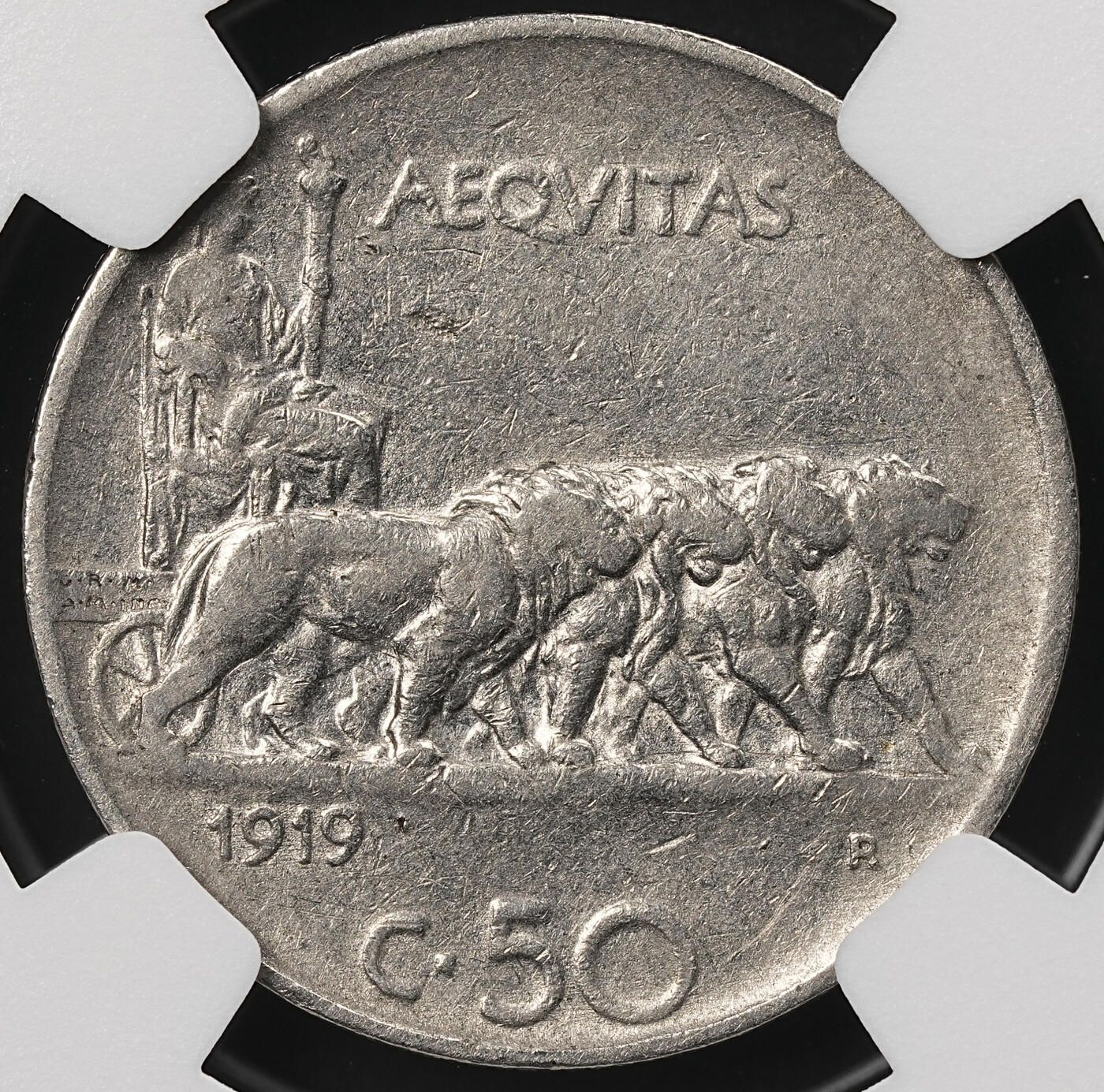 修遠堂世界钱币第110期 NGC XF40 1919年意大利50分，稀少齿边版